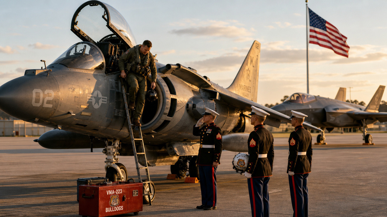 Piloto militar descendo de caça e três fuzileiros em formação com bandeira dos EUA ao fundo no aeroporto.