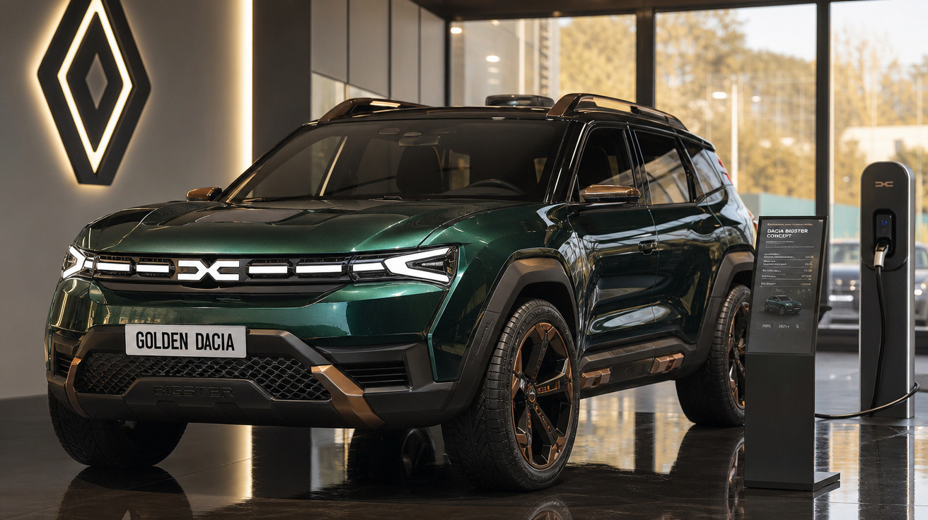 SUV elétrico verde escuro Golden Dacia exposto em showroom moderno com carregador ao lado.