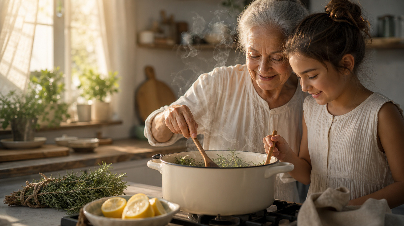Idosa e criança felizes cozinham juntas em cozinha iluminada com ervas e limões na bancada.