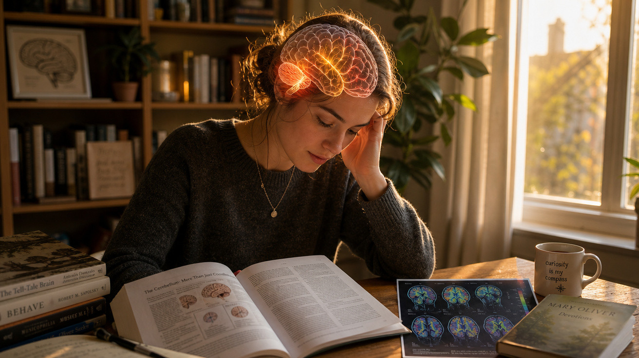Mulher estudando cérebro com imagem gráfica de cérebro iluminado sobre a cabeça em ambiente de biblioteca.