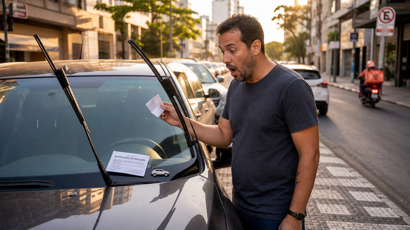 Homem surpreso olhando para notificação de infração deixada no para-brisa de carro estacionado na rua.