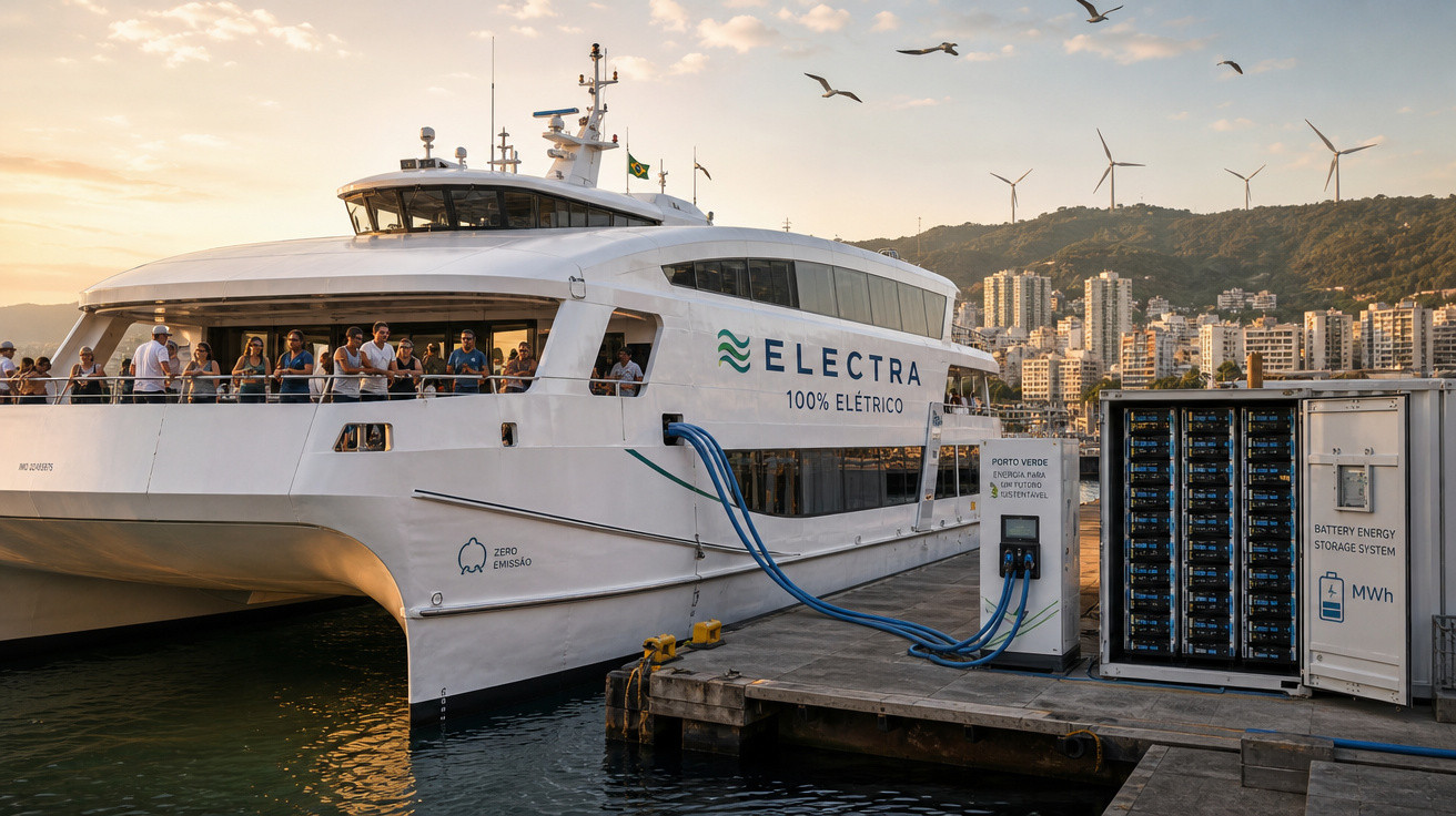Barco elétrico Electra conectado a estação de carregamento com passageiros e prédios ao fundo.