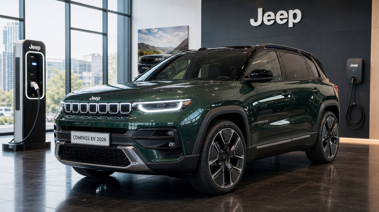 SUV elétrico Jeep Compass EV 2026 verde escuro em showroom com estação de carregamento ao fundo.