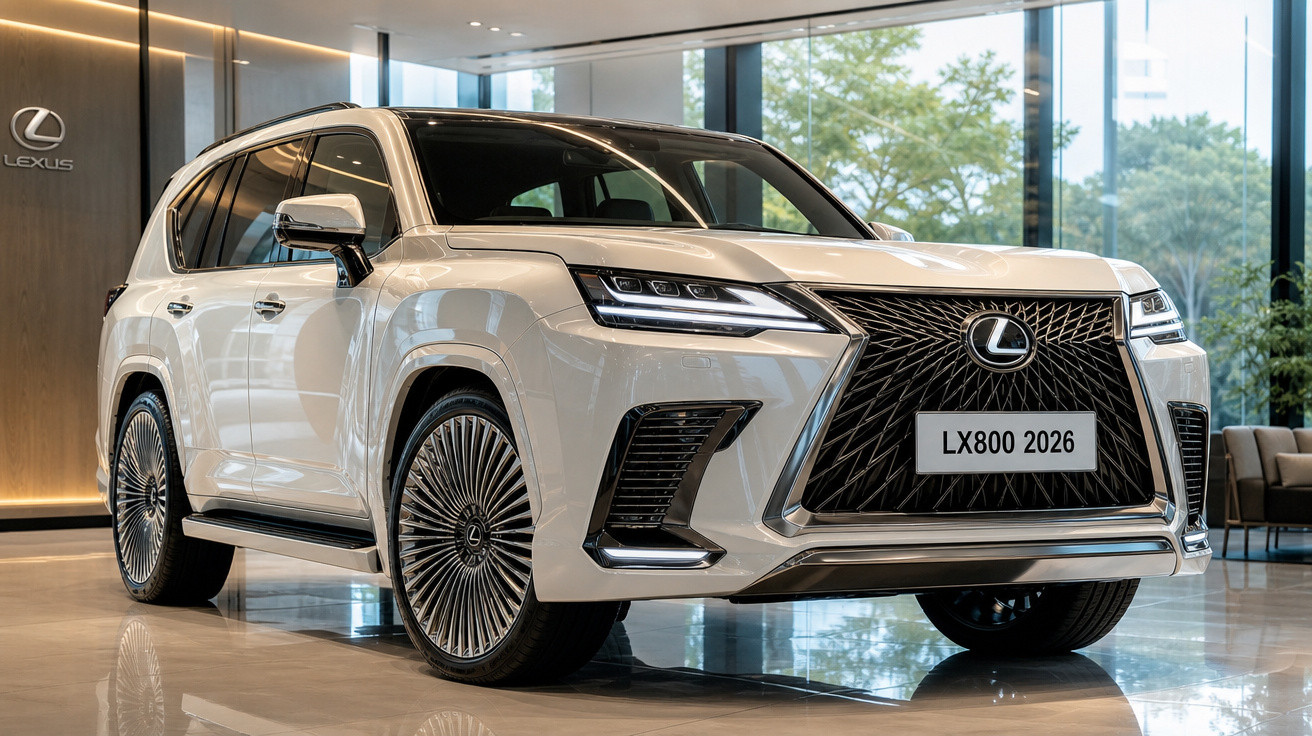 SUV branco Lexus LX800 2026 exibido em showroom moderno com grandes janelas e piso refletivo.