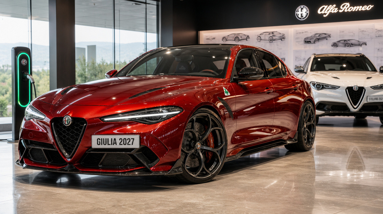 Carro Alfa Romeo Giulia 2027 vermelho exibido em showroom moderno com carro branco ao fundo.