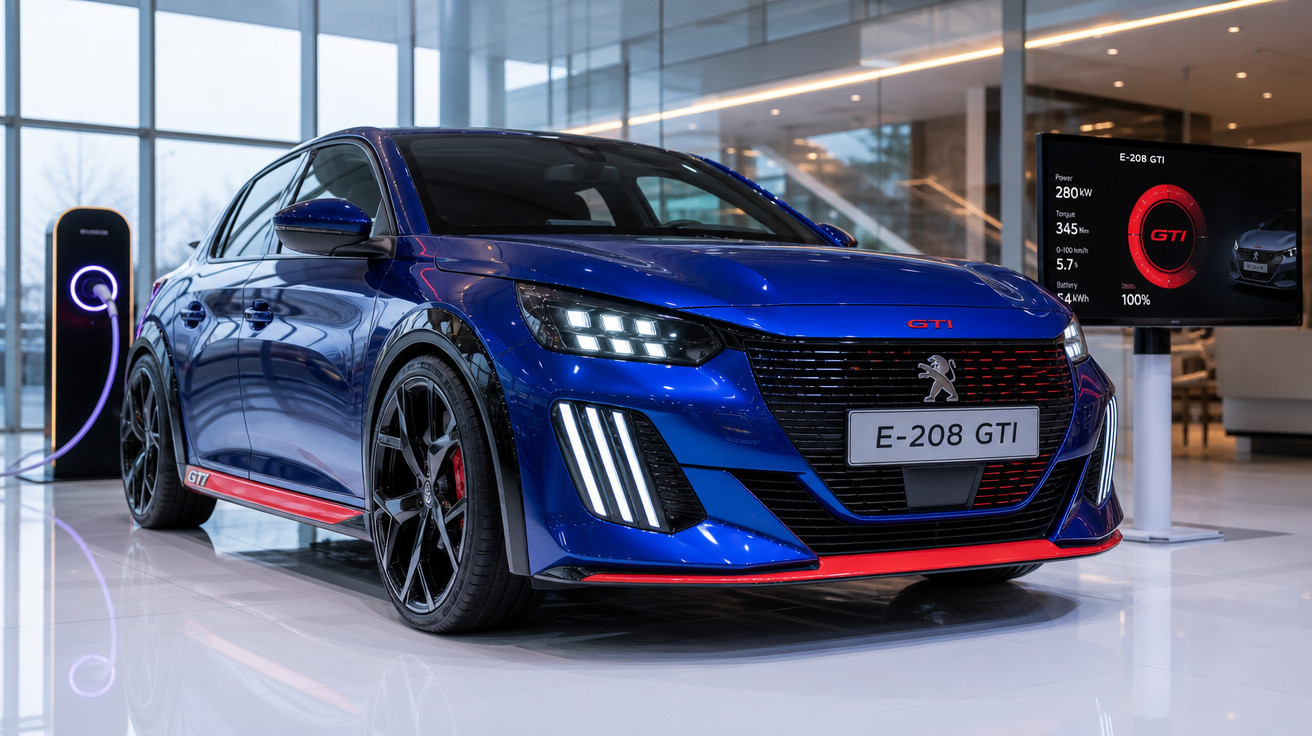 Carro elétrico Peugeot E-208 GTI azul, carregando em estação interna com painel de informações ao fundo.