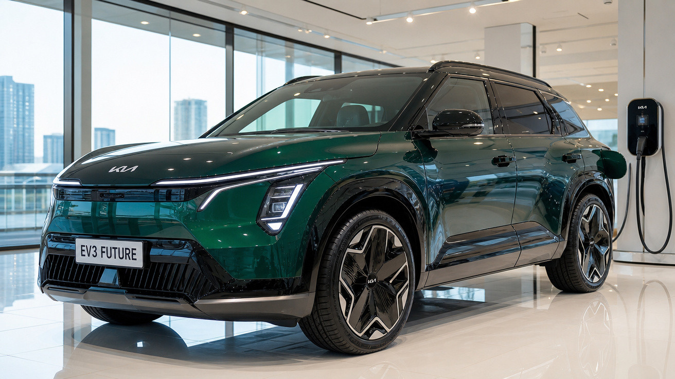 Carro elétrico Kia EV3 Future verde em showroom moderno com estação de recarga ao fundo.