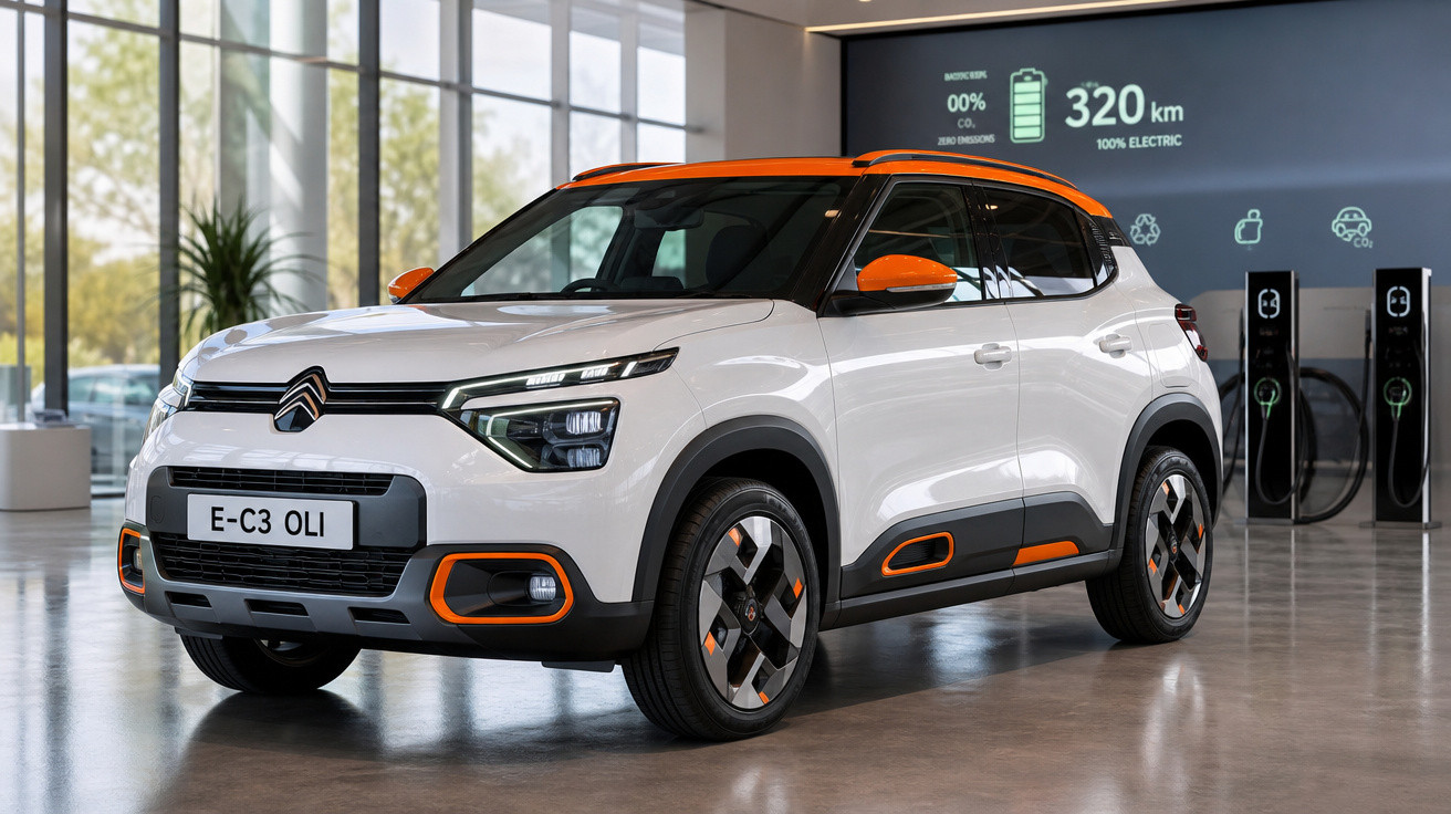 Carro elétrico branco e laranja Citroën E-C3 Oli em showroom moderno com painel digital ao fundo.
