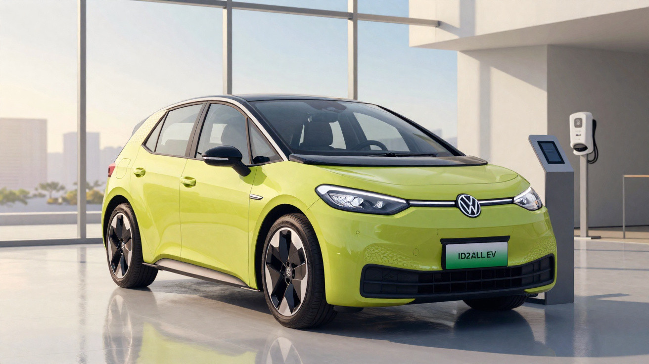 Carro elétrico Volkswagen ID.2 All EV verde em ambiente interno moderno com estação de recarga ao lado.