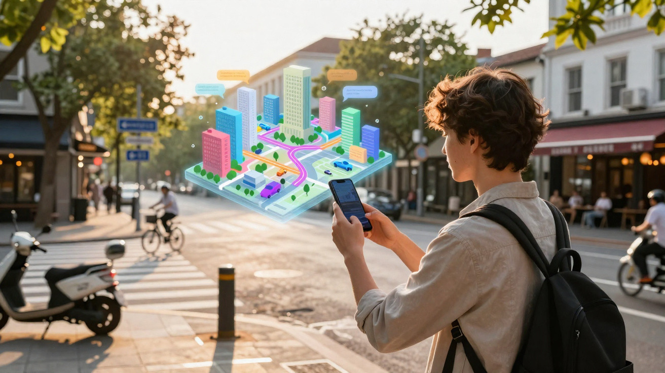 Pessoa usando smartphone com holograma de mapa de cidade em ambiente urbano ao entardecer.