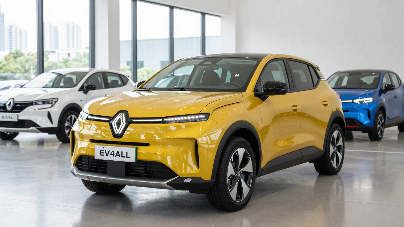 Carro elétrico Renault EV4ALL amarelo em exposição, com outros veículos ao fundo em showroom moderno.