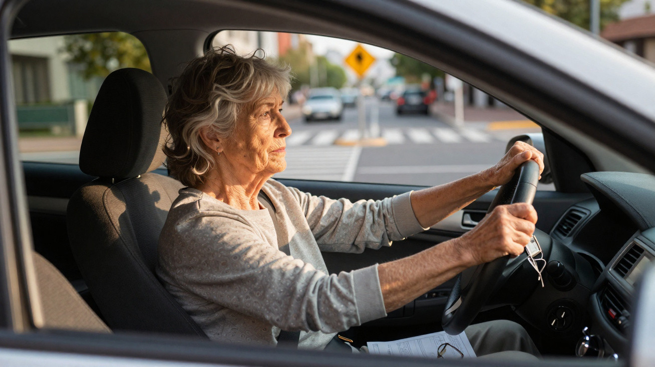 Mulher idosa dirigindo um carro, olhando atentamente para a estrada em um ambiente urbano.