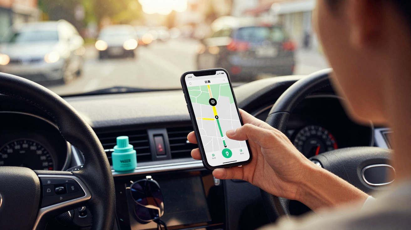 Pessoa segurando celular com aplicativo de GPS aberto dentro de carro, visualizando rota no trânsito.