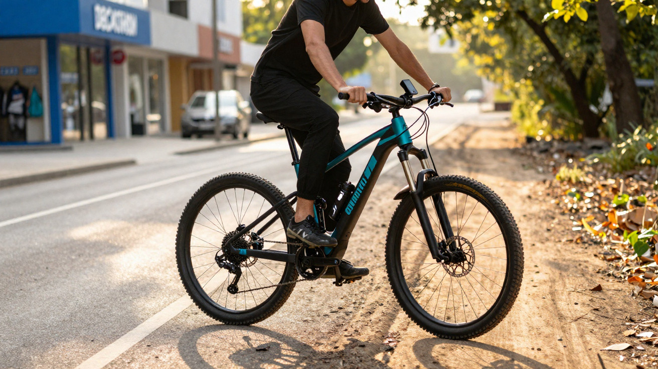 Pessoa andando de bicicleta elétrica azul em estrada urbana com árvores e edifícios ao fundo.