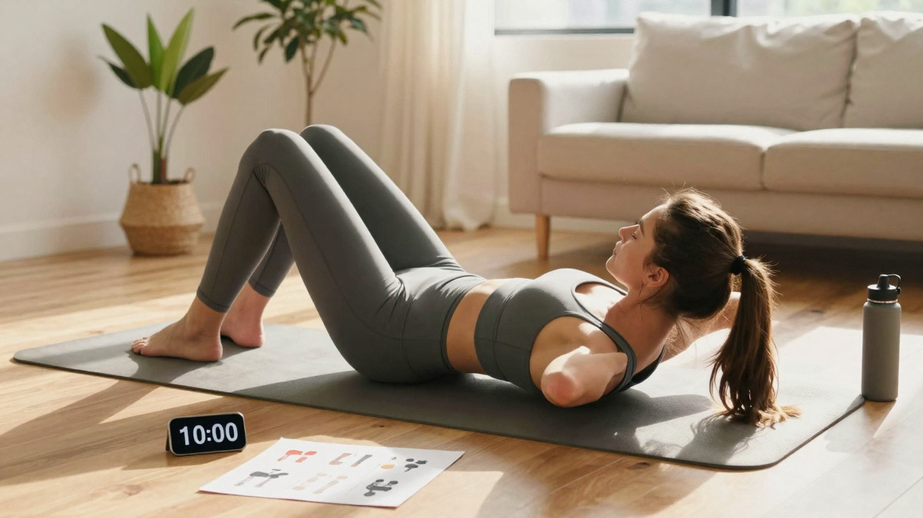 Mulher fazendo abdominal em tapete de yoga na sala, com cronômetro e guia de exercícios ao lado.