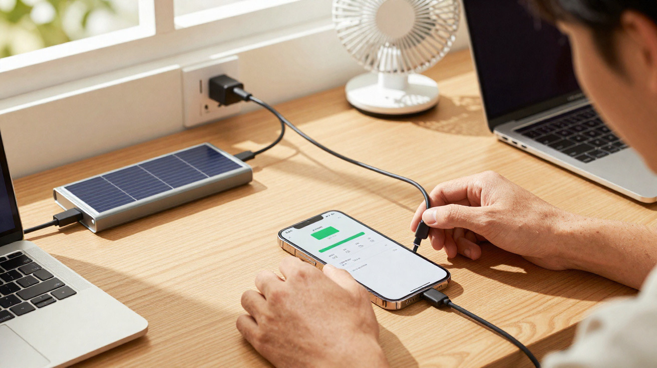 Pessoa carregando smartphone conectado a power bank com painel solar em mesa com laptop e ventilador.