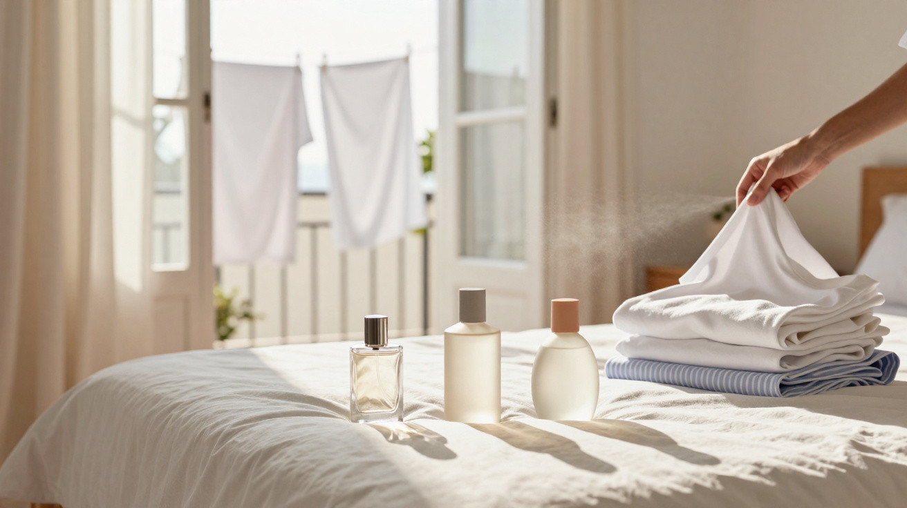Frascos de perfume sobre a cama com roupas dobradas e braço borrifando sobre tecido branco.