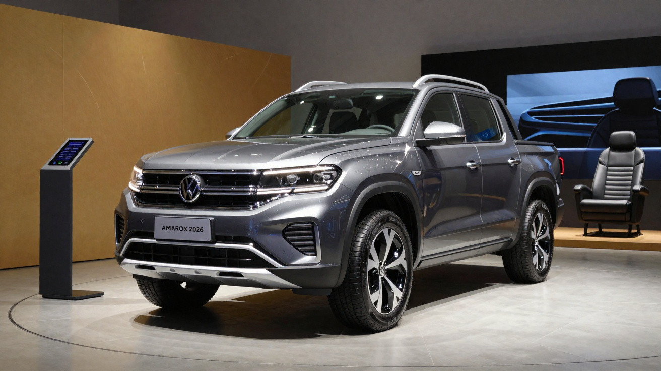 Picape Volkswagen Amarok 2026 cinza exposta em showroom moderno e iluminado.