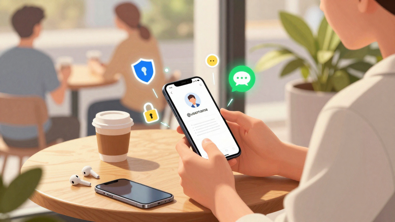 Pessoa usando smartphone para acessar rede social, com ícones de privacidade e mensagens ao redor.