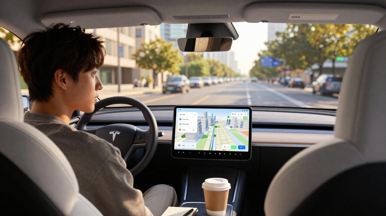 Pessoa sentada no banco do motorista de um Tesla com tela de navegação e copo de café no console central.