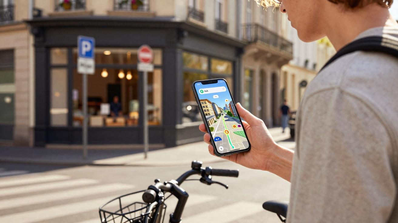 Pessoa segurando celular com aplicativo de mapa na mão, ao lado de bicicleta em rua urbana.