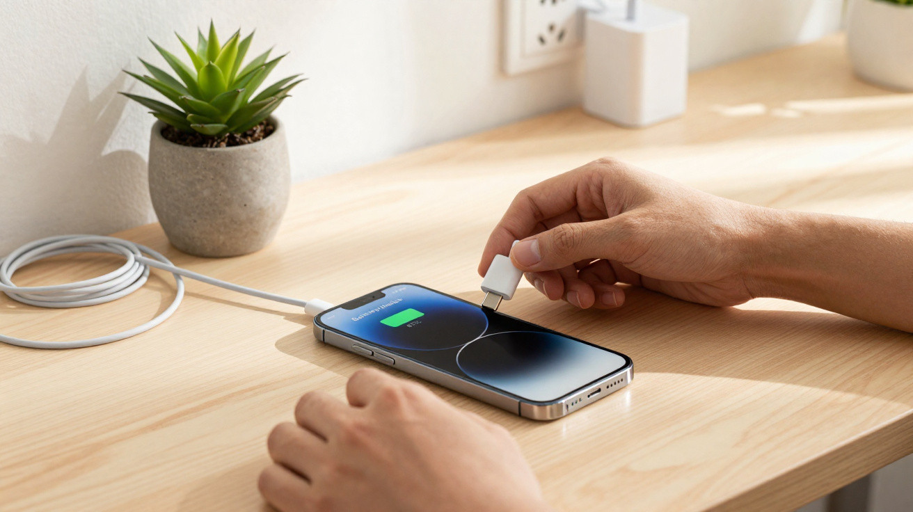 Mãos conectando cabo USB-C para carregar smartphone em mesa de madeira com planta pequena ao fundo.