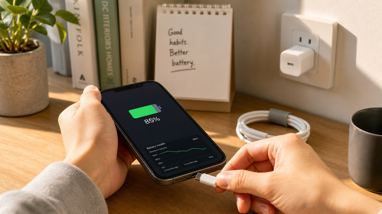 Pessoa conectando cabo para carregar celular com 85% de bateria em mesa de madeira clara.