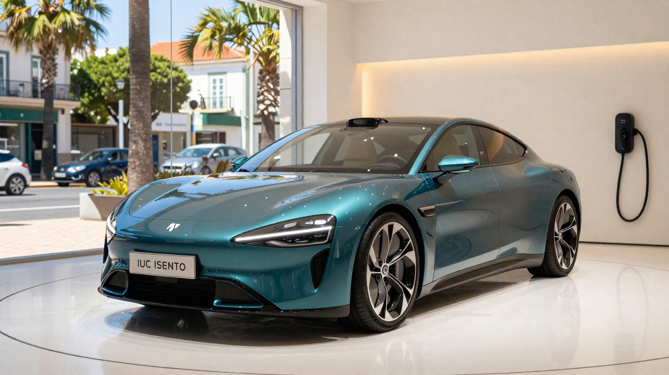 Carro elétrico azul exibido em showroom moderno com carregador instalado na parede ao lado.