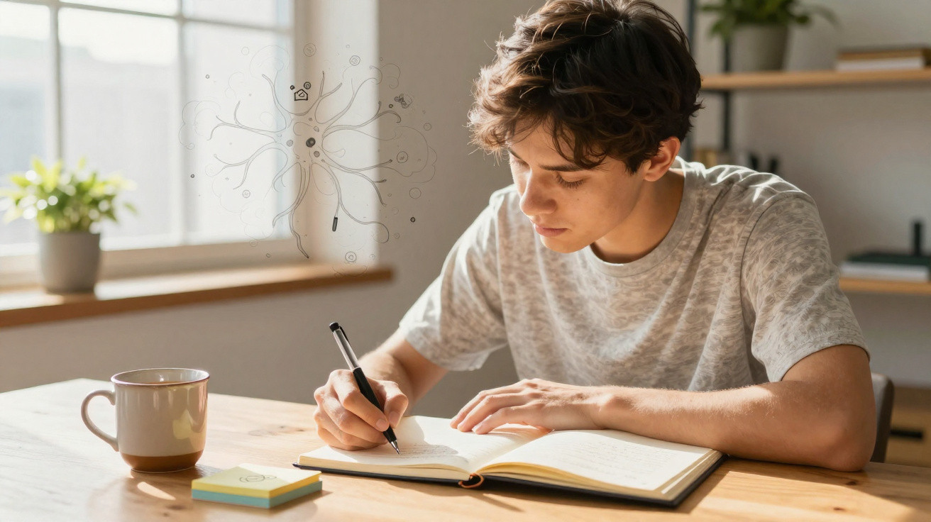 Jovem escrevendo em caderno à mesa com café, em ambiente iluminado e aconchegante.