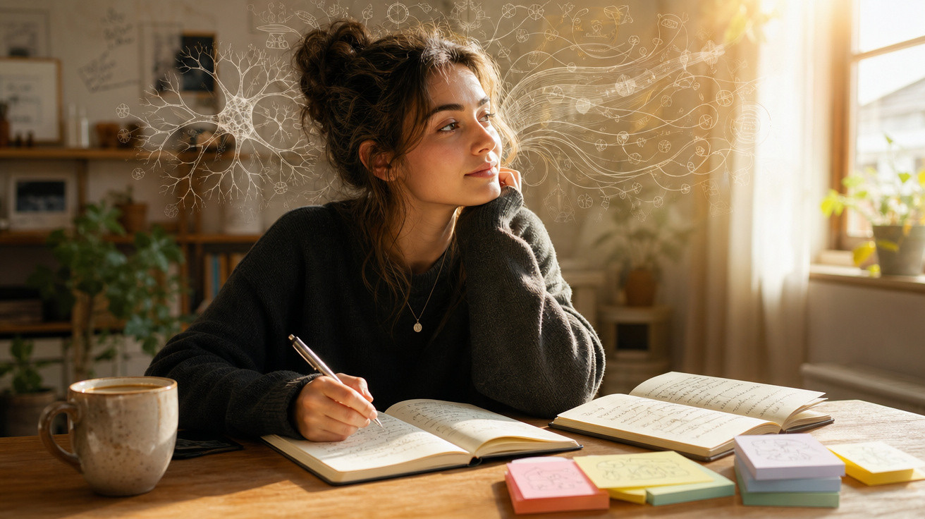 Jovem pensativa escrevendo em caderno em mesa com livros e pós-its, luz do sol entrando pela janela.