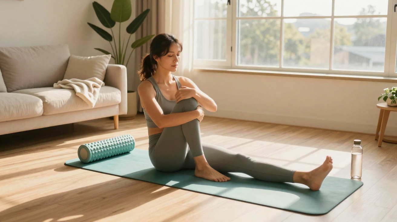 Mulher em roupa esportiva faz alongamento sentada em tapete de yoga com rolo e garrafa d'água ao lado.