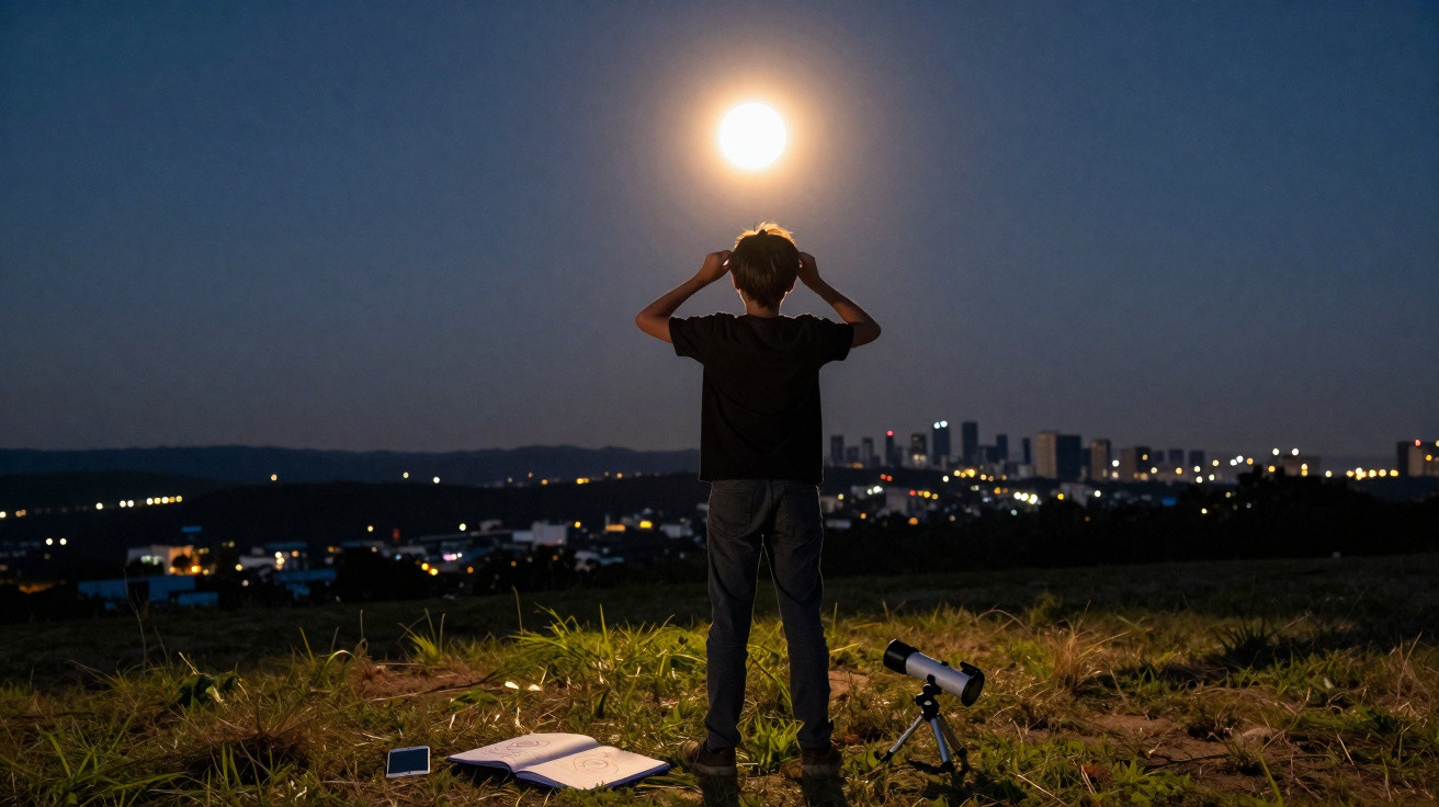 Criança observa a lua cheia à noite com um telescópio e um caderno, ao fundo luzes da cidade.