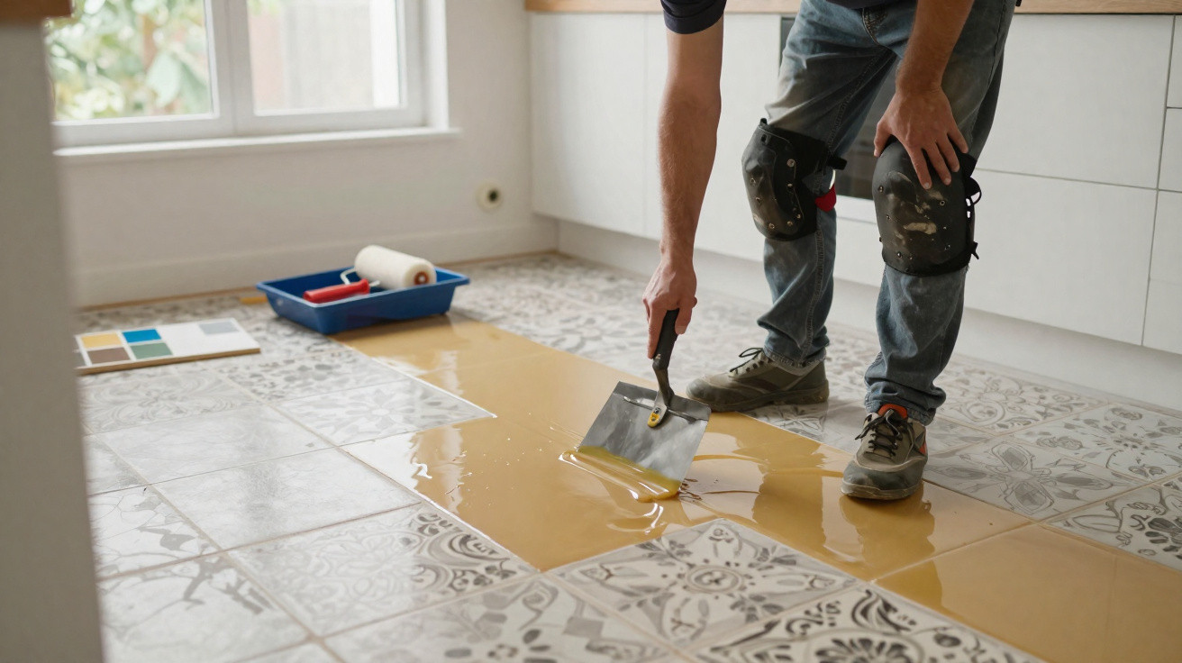 Pessoa aplicando resina transparente sobre piso de cerâmica com padrões cinza e branco em cozinha.
