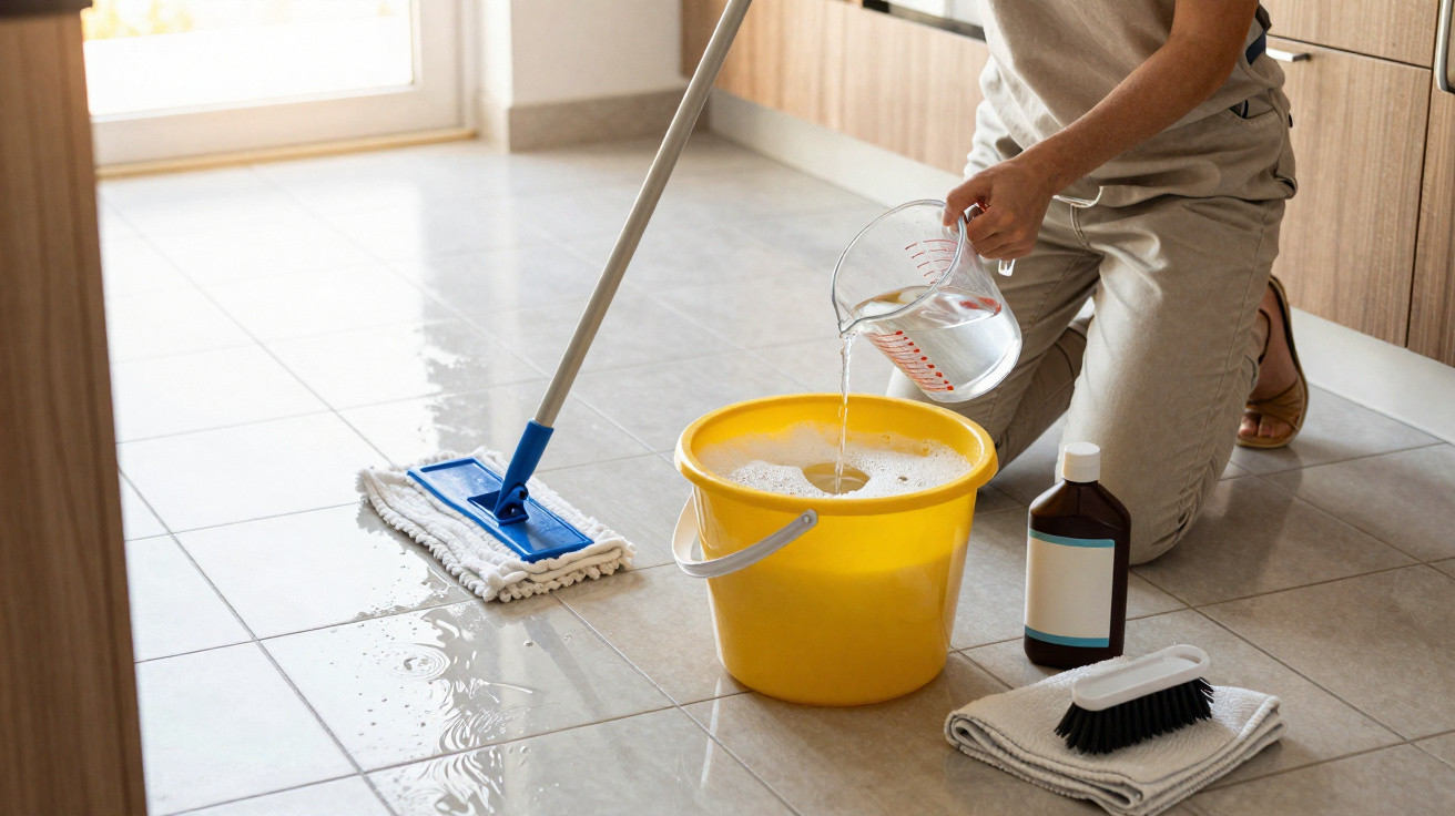 Pessoa adiciona água a balde amarelo para limpeza de piso com esfregão em cozinha clara.