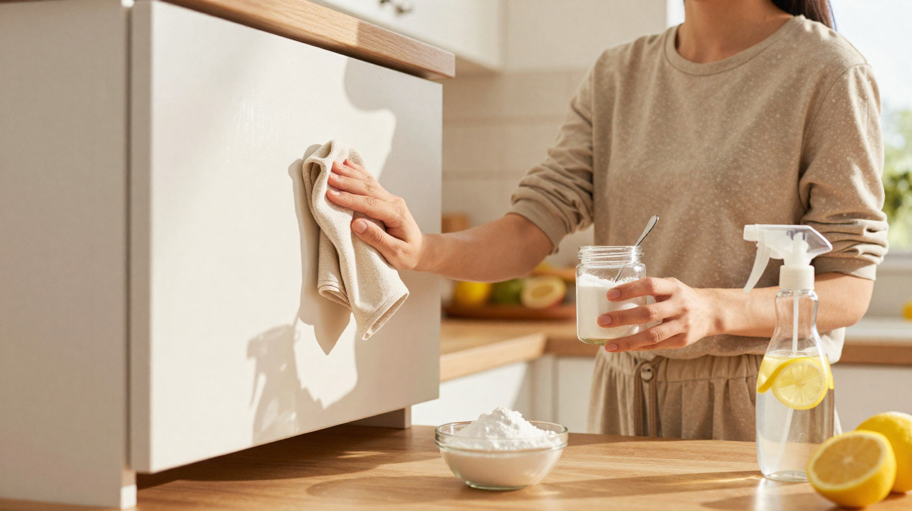 Pessoa limpando armário da cozinha com pano e bicarbonato de sódio, spray com limão ao lado.