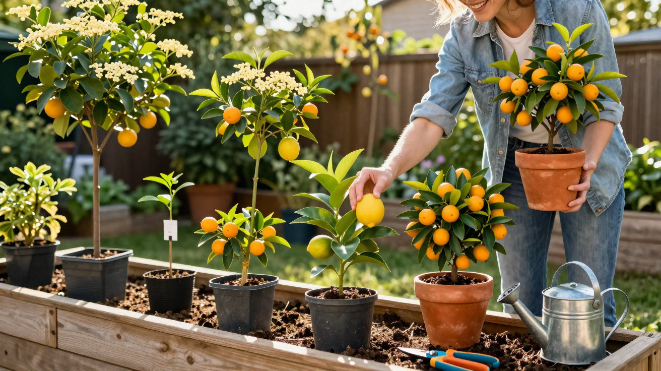 Mulher cuidando de plantas frutíferas, incluindo limões e laranjas, em um jardim ensolarado.