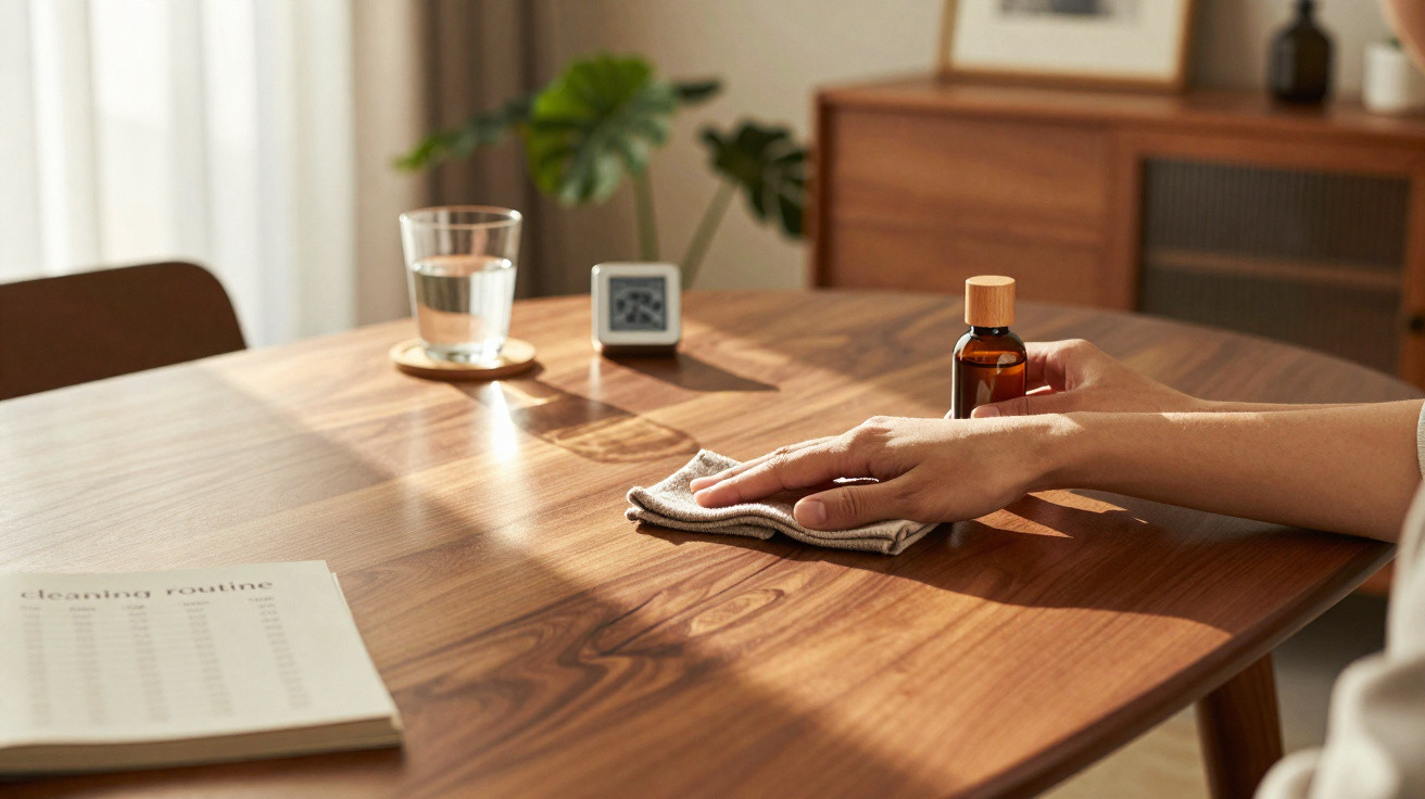 Mão limpando mesa de madeira com pano, ao lado um frasco marrom, copo d'água e papel com rotina de limpeza.