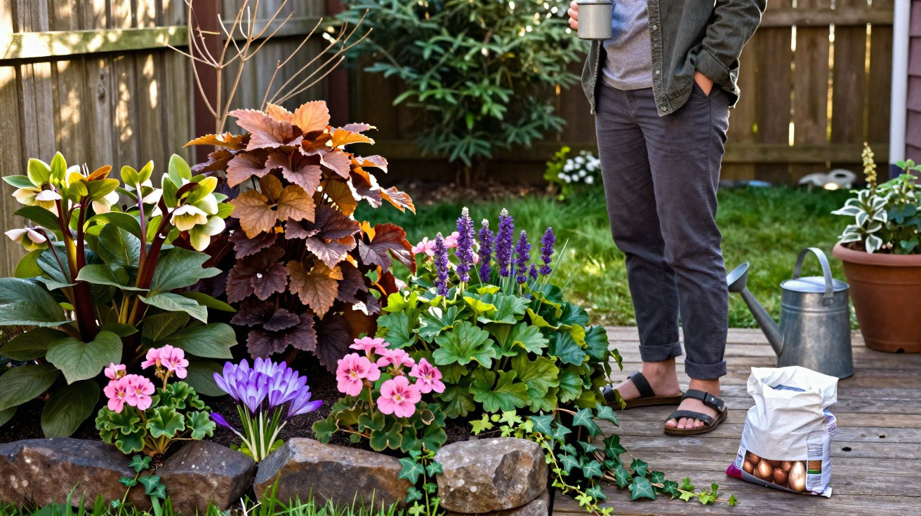 Pessoa em jardim com plantas e flores coloridas, ao lado de regador e saco de bulbos na varanda de madeira.