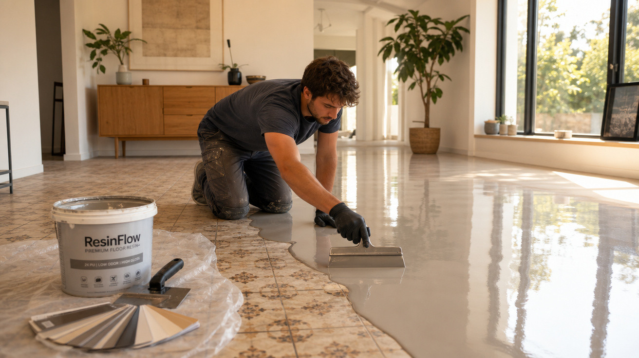 Homem aplicando resina epóxi cinza no piso de sala com rodo, ao lado balde e paleta de cores.