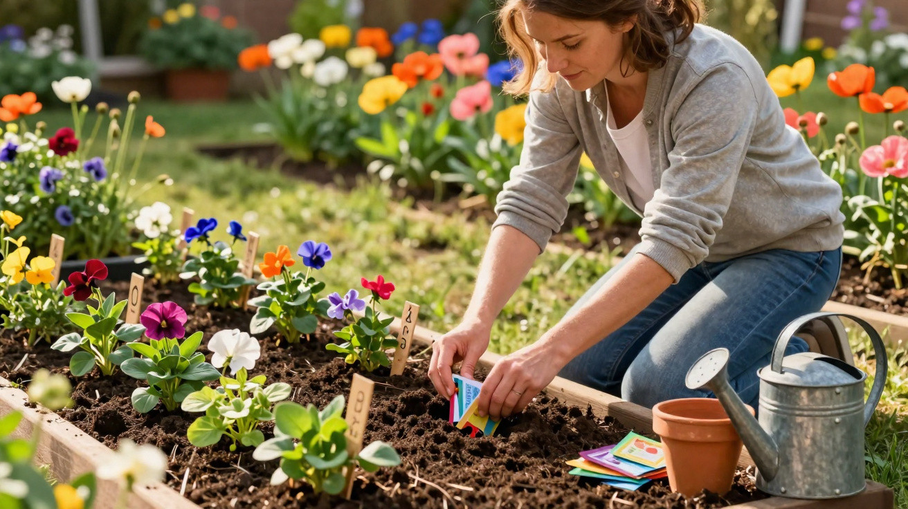 Mulher plantando sementes em canteiro de flores coloridas em jardim ensolarado.