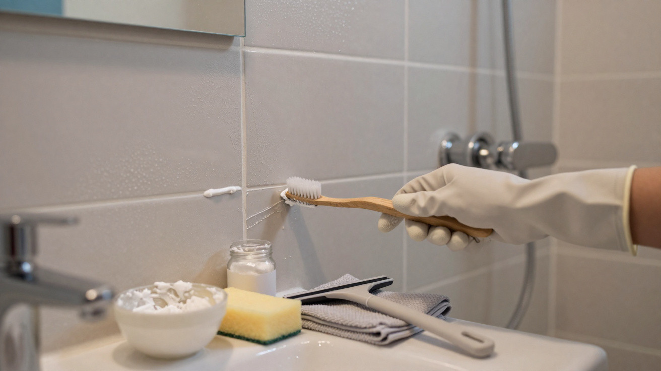 Pessoa com luva limpando rejunte de azulejo no banheiro usando escova de dente e produtos de limpeza.