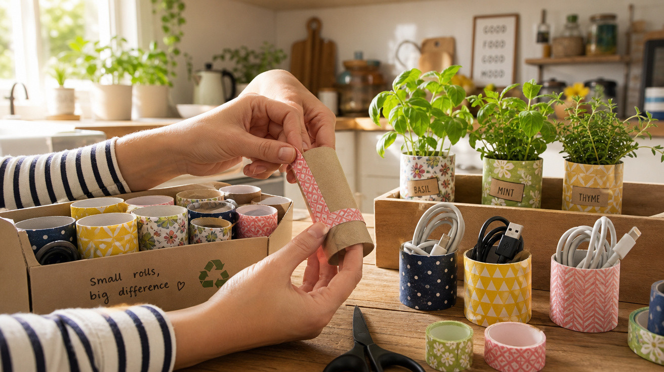 Mãos enrolando fita adesiva decorativa em um rolo de papel para organizar cabos em uma mesa com plantas.