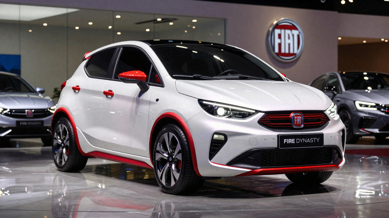 Carro branco Fiat Fire Dynasty com detalhes vermelhos exposição em salão automotivo.