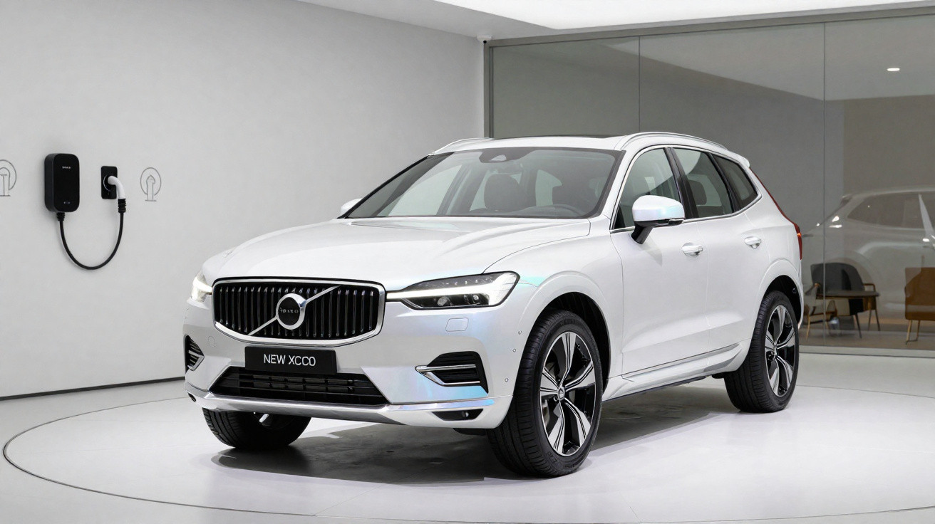 Carro branco Volvo XC60 elétrico estacionado em showroom moderno com carregador na parede.
