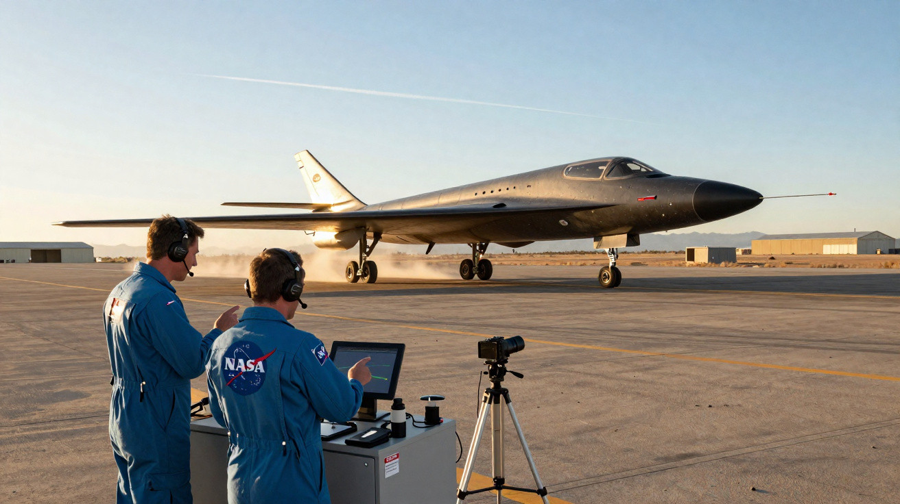 Avião militar futurista taxiando com dois técnicos da NASA monitorando e filmando em pista ensolarada.
