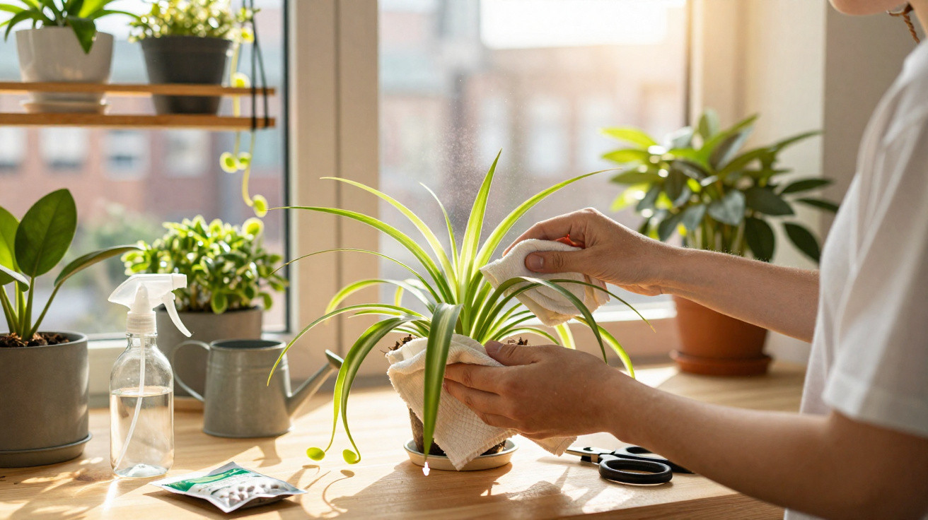 Pessoa limpando as folhas de uma planta em vaso sobre mesa próxima à janela ensolarada.
