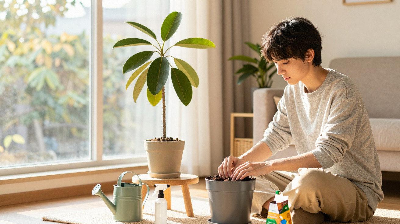 Pessoa regando planta em vaso dentro de casa, ao lado de regador e produtos de jardinagem.