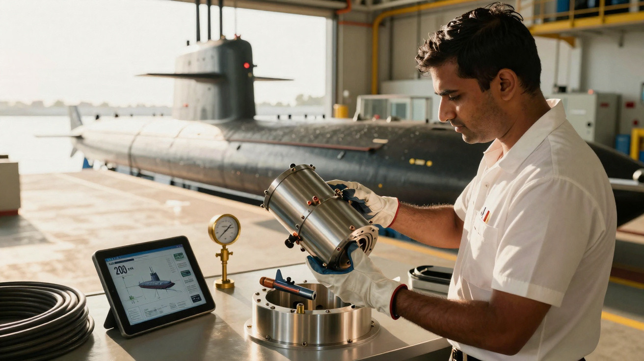 Homem com luvas brancas inspeciona equipamento metálico em oficina com submarino ao fundo.