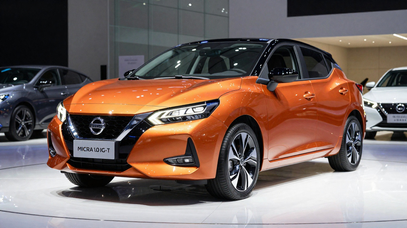 Carro hatchback laranja Nissan Micra 1.0 IG-T em exposição em salão automotivo.