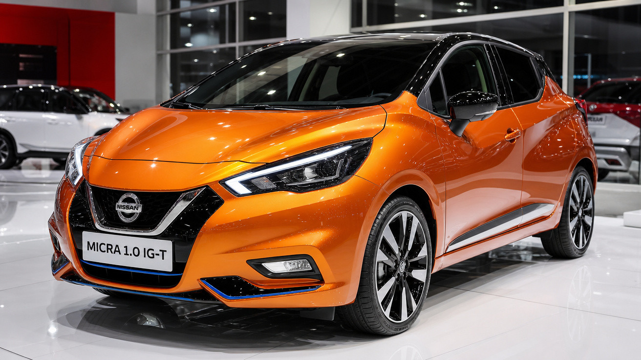 Carro hatchback Nissan Micra 1.0 IG-T laranja em exposição em showroom moderno.